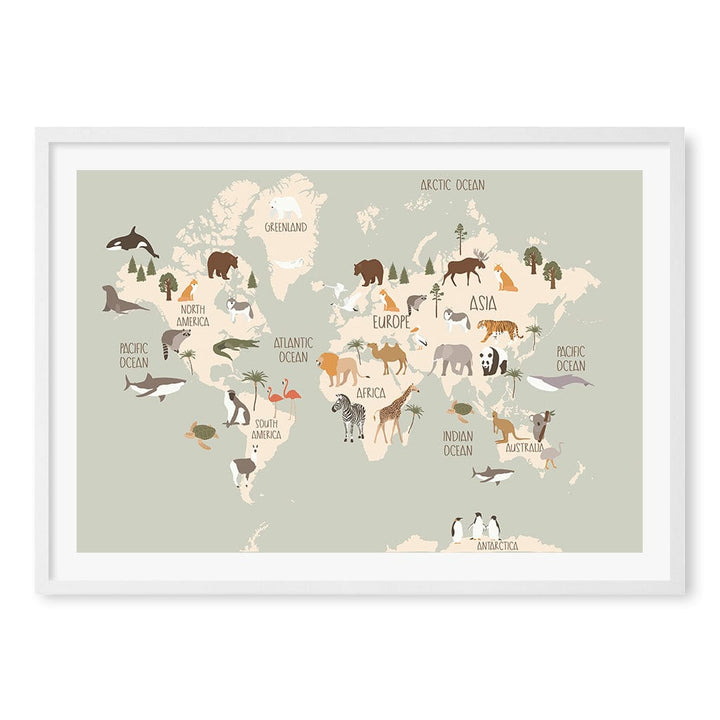 Wildlife World Map Educational Kids Wall Art Print A1 (59.4 x 84.1cm) / Matte White Frame / White Border from our Australian Made Framed Wall Art, Prints & Posters collection by Profile Products (Australia) Pty Ltd