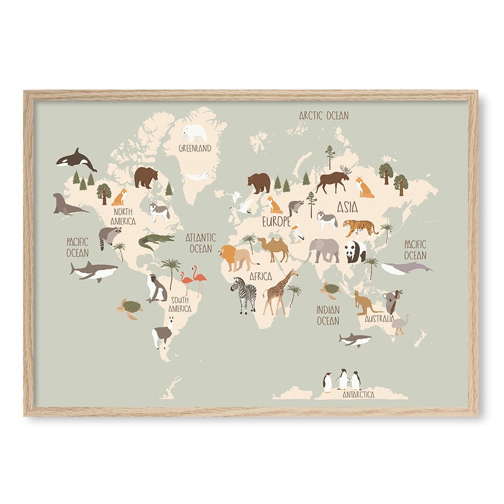 Wildlife World Map Educational Kids Wall Art Print A1 (59.4 x 84.1cm) / Natural Oak Frame / No Border from our Australian Made Framed Wall Art, Prints & Posters collection by Profile Products (Australia) Pty Ltd