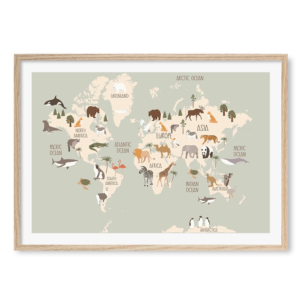 Wildlife World Map Educational Kids Wall Art Print A1 (59.4 x 84.1cm) / Natural Oak Frame / White Border from our Australian Made Framed Wall Art, Prints & Posters collection by Profile Products (Australia) Pty Ltd