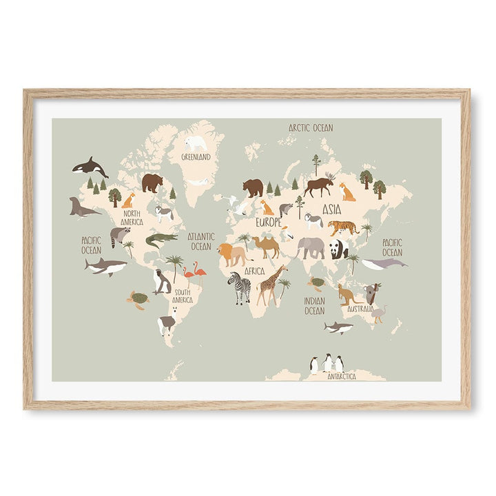 Wildlife World Map Educational Kids Wall Art Print A1 (59.4 x 84.1cm) / Natural Oak Frame / White Border from our Australian Made Framed Wall Art, Prints & Posters collection by Profile Products (Australia) Pty Ltd