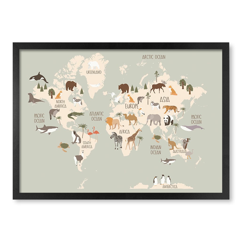 Wildlife World Map Educational Kids Wall Art Print A2 (42 x 59.4cm) / Matte Black Frame / No Border from our Australian Made Framed Wall Art, Prints & Posters collection by Profile Products (Australia) Pty Ltd