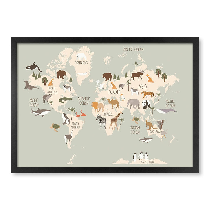 Wildlife World Map Educational Kids Wall Art Print A2 (42 x 59.4cm) / Matte Black Frame / No Border from our Australian Made Framed Wall Art, Prints & Posters collection by Profile Products (Australia) Pty Ltd