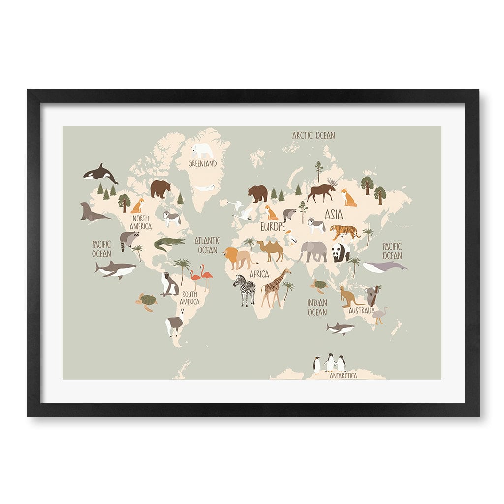 Wildlife World Map Educational Kids Wall Art Print A2 (42 x 59.4cm) / Matte Black Frame / White Border from our Australian Made Framed Wall Art, Prints & Posters collection by Profile Products (Australia) Pty Ltd