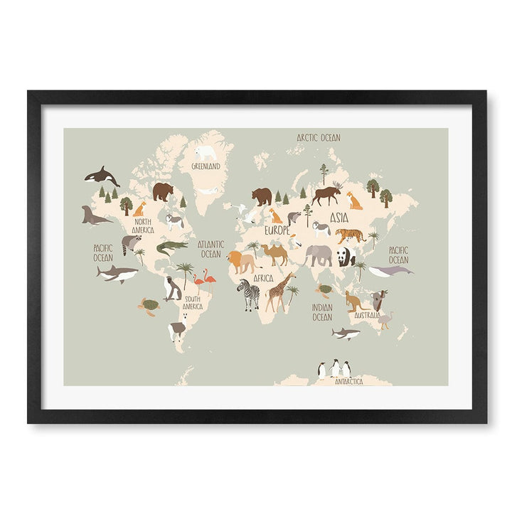 Wildlife World Map Educational Kids Wall Art Print A2 (42 x 59.4cm) / Matte Black Frame / White Border from our Australian Made Framed Wall Art, Prints & Posters collection by Profile Products (Australia) Pty Ltd