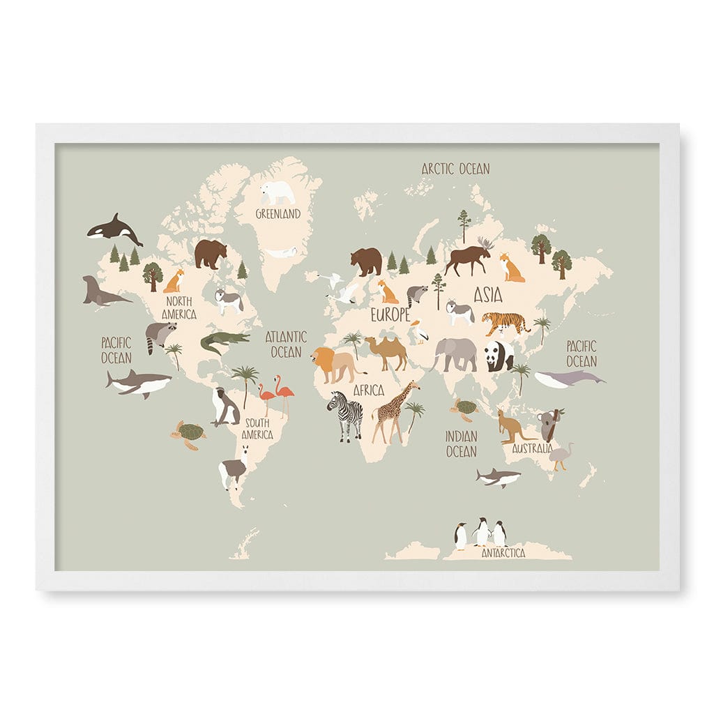 Wildlife World Map Educational Kids Wall Art Print A2 (42 x 59.4cm) / Matte White Frame / No Border from our Australian Made Framed Wall Art, Prints & Posters collection by Profile Products (Australia) Pty Ltd