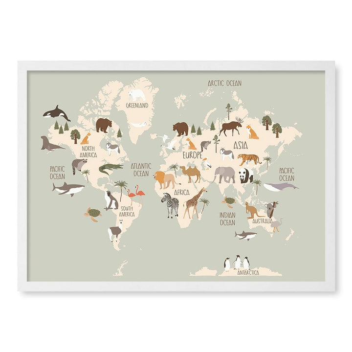 Wildlife World Map Educational Kids Wall Art Print A2 (42 x 59.4cm) / Matte White Frame / No Border from our Australian Made Framed Wall Art, Prints & Posters collection by Profile Products (Australia) Pty Ltd