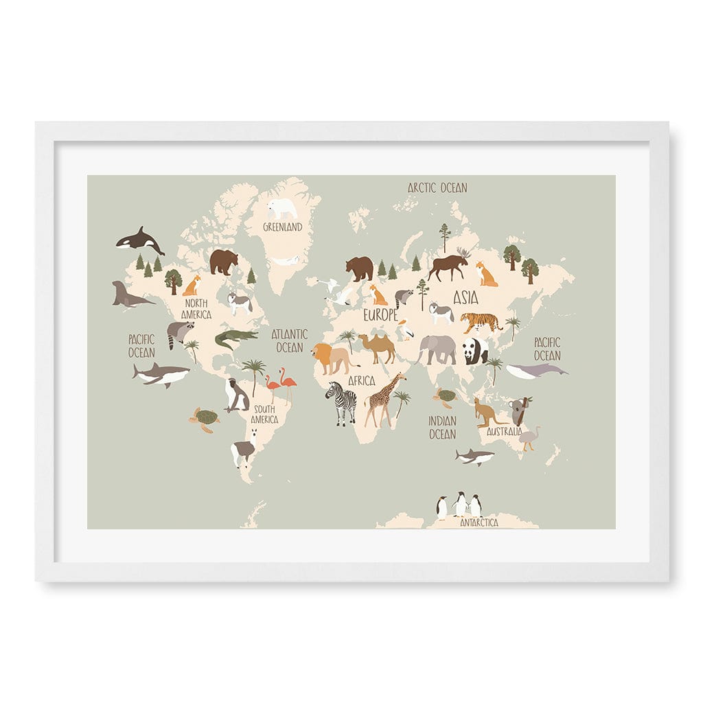 Wildlife World Map Educational Kids Wall Art Print A2 (42 x 59.4cm) / Matte White Frame / White Border from our Australian Made Framed Wall Art, Prints & Posters collection by Profile Products (Australia) Pty Ltd