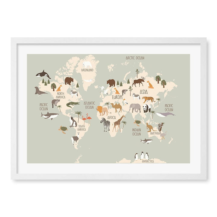 Wildlife World Map Educational Kids Wall Art Print A2 (42 x 59.4cm) / Matte White Frame / White Border from our Australian Made Framed Wall Art, Prints & Posters collection by Profile Products (Australia) Pty Ltd