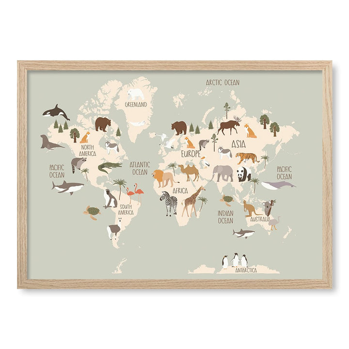 Wildlife World Map Educational Kids Wall Art Print A2 (42 x 59.4cm) / Natural Oak Frame / No Border from our Australian Made Framed Wall Art, Prints & Posters collection by Profile Products (Australia) Pty Ltd