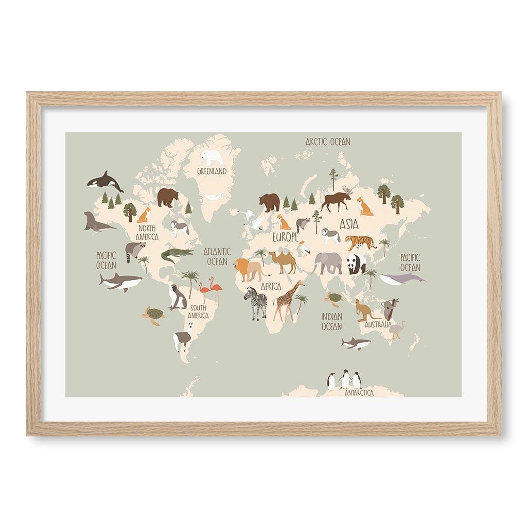 Wildlife World Map Educational Kids Wall Art Print A2 (42 x 59.4cm) / Natural Oak Frame / White Border from our Australian Made Framed Wall Art, Prints & Posters collection by Profile Products (Australia) Pty Ltd