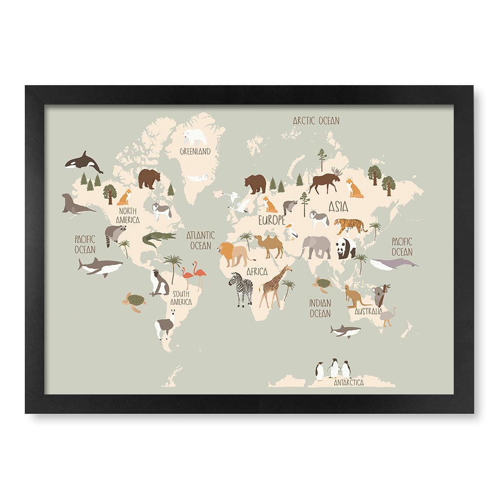 Wildlife World Map Educational Kids Wall Art Print A3 (29.7 x 42cm) / Matte Black Frame / No Border from our Australian Made Framed Wall Art, Prints & Posters collection by Profile Products (Australia) Pty Ltd