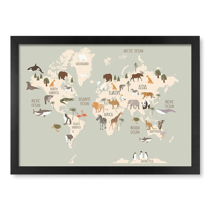 Wildlife World Map Educational Kids Wall Art Print A3 (29.7 x 42cm) / Matte Black Frame / No Border from our Australian Made Framed Wall Art, Prints & Posters collection by Profile Products (Australia) Pty Ltd