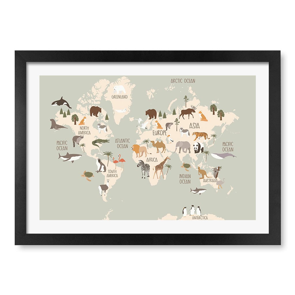 Wildlife World Map Educational Kids Wall Art Print A3 (29.7 x 42cm) / Matte Black Frame / White Border from our Australian Made Framed Wall Art, Prints & Posters collection by Profile Products (Australia) Pty Ltd