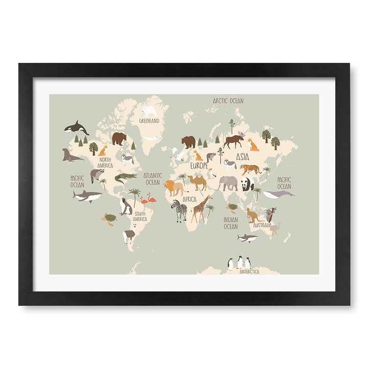 Wildlife World Map Educational Kids Wall Art Print A3 (29.7 x 42cm) / Matte Black Frame / White Border from our Australian Made Framed Wall Art, Prints & Posters collection by Profile Products (Australia) Pty Ltd