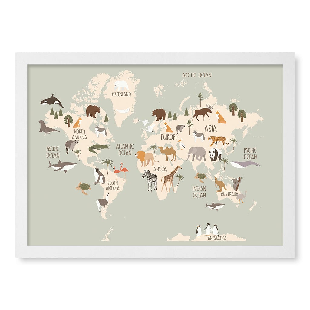 Wildlife World Map Educational Kids Wall Art Print A3 (29.7 x 42cm) / Matte White Frame / No Border from our Australian Made Framed Wall Art, Prints & Posters collection by Profile Products (Australia) Pty Ltd