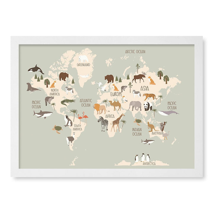 Wildlife World Map Educational Kids Wall Art Print A3 (29.7 x 42cm) / Matte White Frame / No Border from our Australian Made Framed Wall Art, Prints & Posters collection by Profile Products (Australia) Pty Ltd