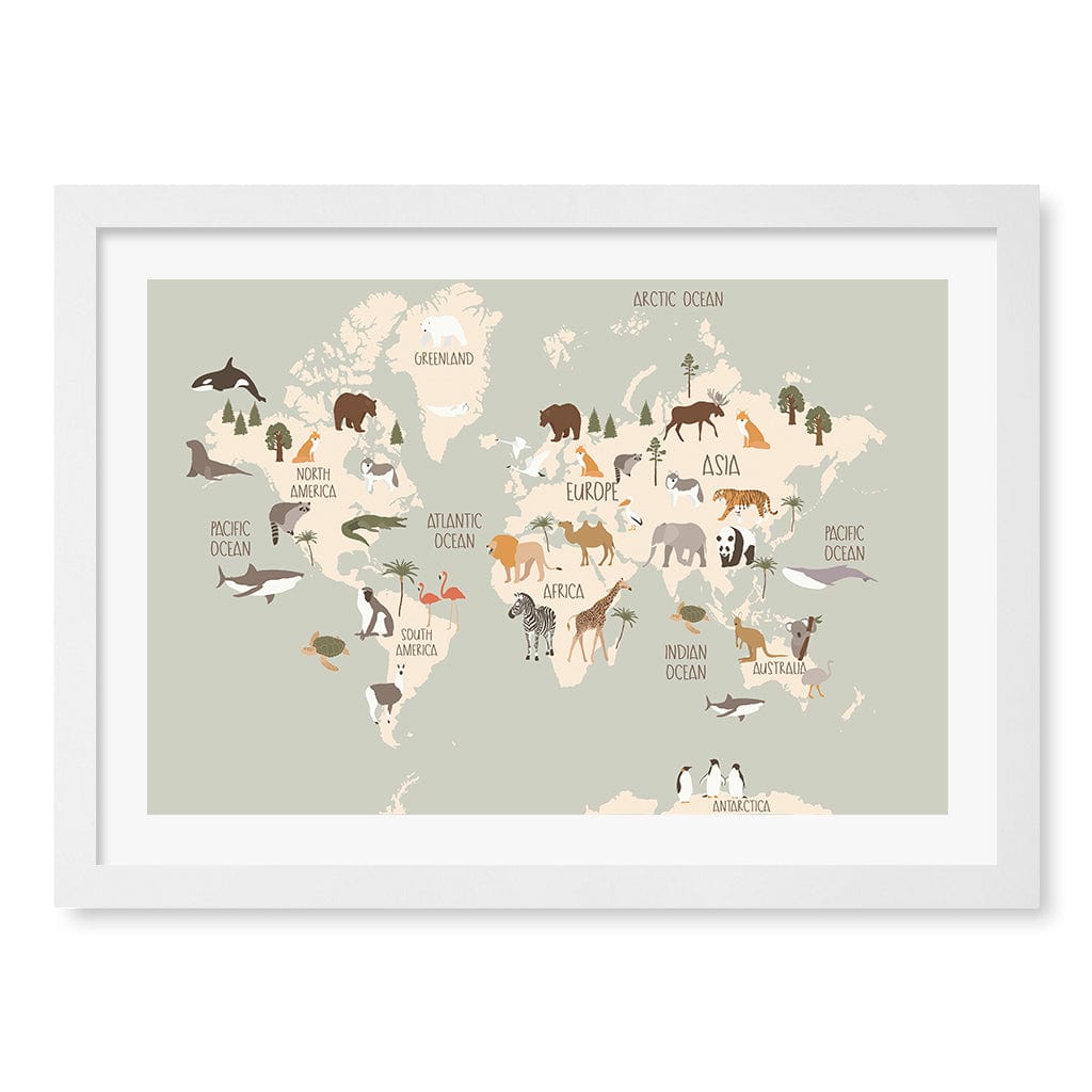 Wildlife World Map Educational Kids Wall Art Print A3 (29.7 x 42cm) / Matte White Frame / White Border from our Australian Made Framed Wall Art, Prints & Posters collection by Profile Products (Australia) Pty Ltd