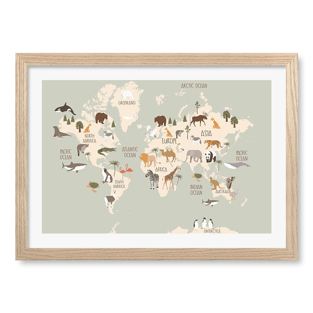 Wildlife World Map Educational Kids Wall Art Print A3 (29.7 x 42cm) / Natural Oak Frame / White Border from our Australian Made Framed Wall Art, Prints & Posters collection by Profile Products (Australia) Pty Ltd