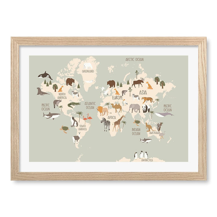 Wildlife World Map Educational Kids Wall Art Print A3 (29.7 x 42cm) / Natural Oak Frame / White Border from our Australian Made Framed Wall Art, Prints & Posters collection by Profile Products (Australia) Pty Ltd
