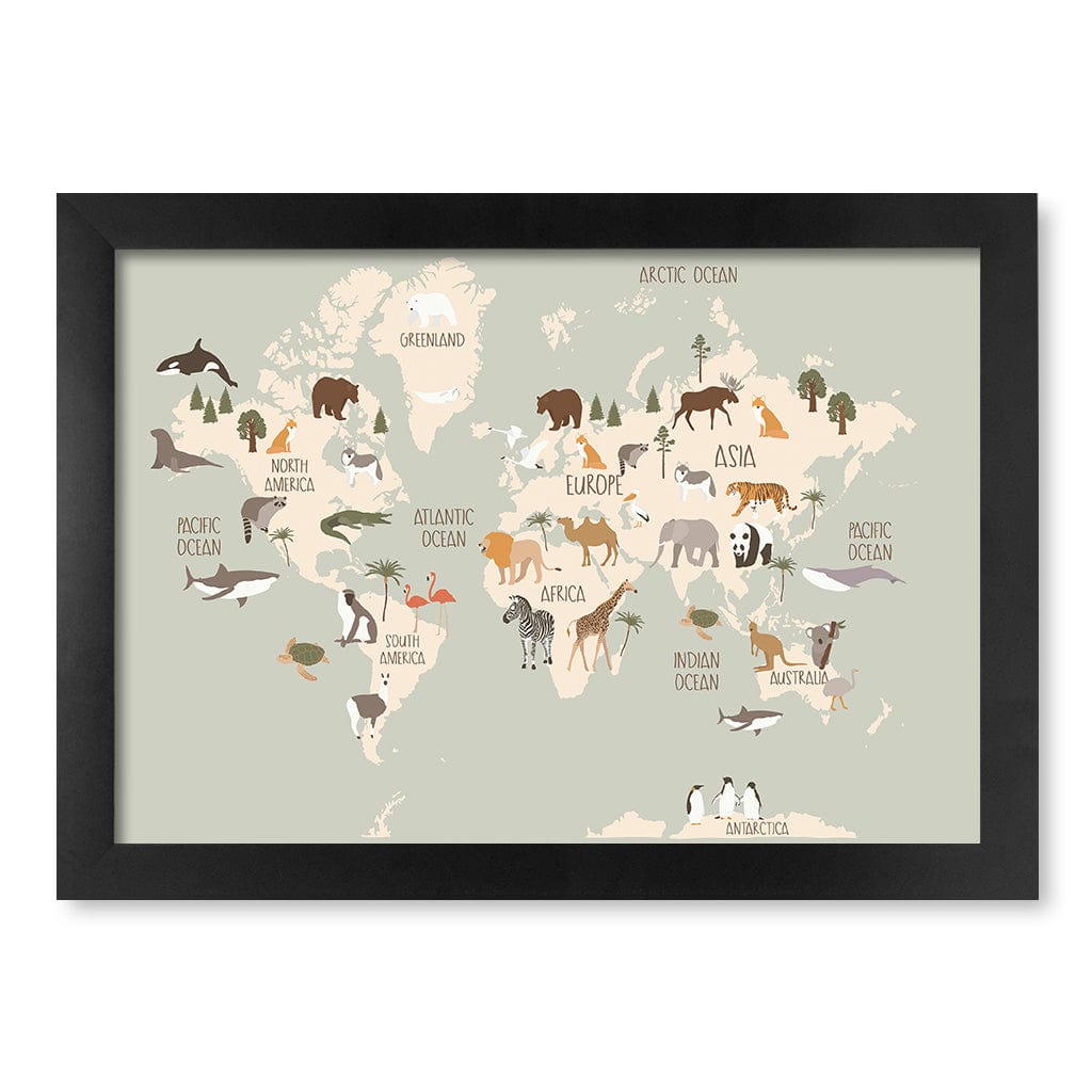 Wildlife World Map Educational Kids Wall Art Print A4 (21 x 29.7cm) / Matte Black Frame / No Border from our Australian Made Framed Wall Art, Prints & Posters collection by Profile Products (Australia) Pty Ltd