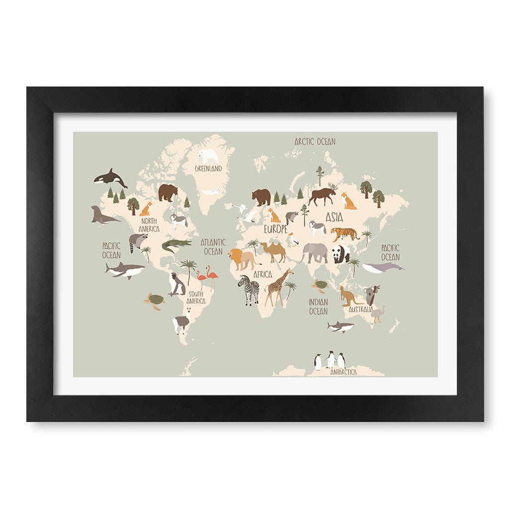 Wildlife World Map Educational Kids Wall Art Print A4 (21 x 29.7cm) / Matte Black Frame / White Border from our Australian Made Framed Wall Art, Prints & Posters collection by Profile Products (Australia) Pty Ltd