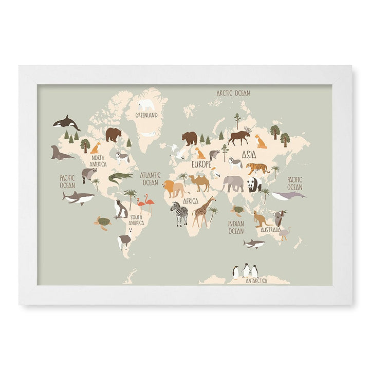 Wildlife World Map Educational Kids Wall Art Print A4 (21 x 29.7cm) / Matte White Frame / No Border from our Australian Made Framed Wall Art, Prints & Posters collection by Profile Products (Australia) Pty Ltd
