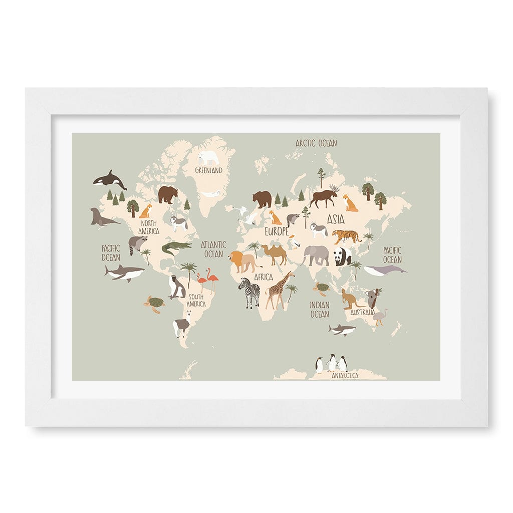 Wildlife World Map Educational Kids Wall Art Print A4 (21 x 29.7cm) / Matte White Frame / White Border from our Australian Made Framed Wall Art, Prints & Posters collection by Profile Products (Australia) Pty Ltd