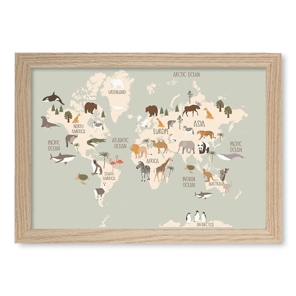 Wildlife World Map Educational Kids Wall Art Print A4 (21 x 29.7cm) / Natural Oak Frame / No Border from our Australian Made Framed Wall Art, Prints & Posters collection by Profile Products (Australia) Pty Ltd