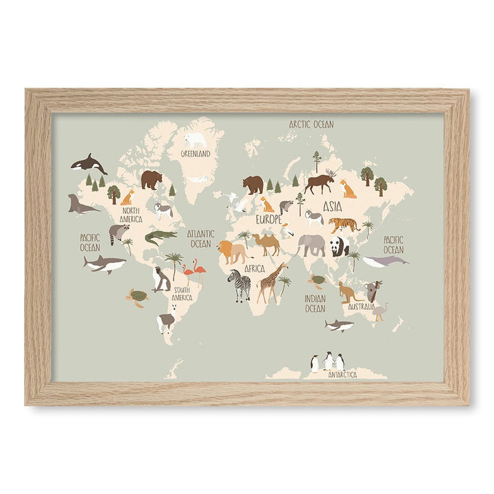 Wildlife World Map Educational Kids Wall Art Print A4 (21 x 29.7cm) / Natural Oak Frame / No Border from our Australian Made Framed Wall Art, Prints & Posters collection by Profile Products (Australia) Pty Ltd