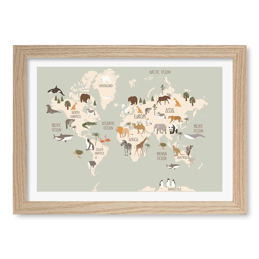 Wildlife World Map Educational Kids Wall Art Print A4 (21 x 29.7cm) / Natural Oak Frame / White Border from our Australian Made Framed Wall Art, Prints & Posters collection by Profile Products (Australia) Pty Ltd