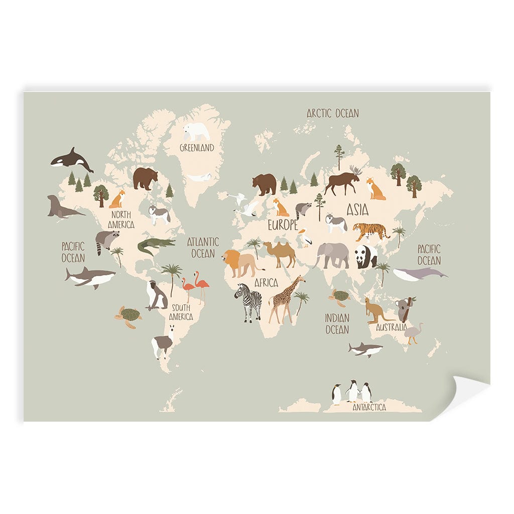 Wildlife World Map Educational Kids Wall Art Print A4 (21 x 29.7cm) / Print Only / No Border from our Australian Made Framed Wall Art, Prints & Posters collection by Profile Products (Australia) Pty Ltd
