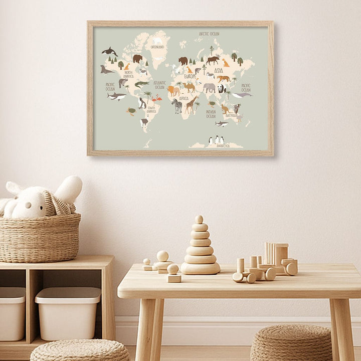 Wildlife World Map Educational Kids Wall Art Print from our Australian Made Framed Wall Art, Prints & Posters collection by Profile Products (Australia) Pty Ltd