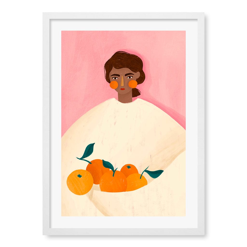 Woman With Oranges Modern Wall Art Print by Bea Muller A4 (21 x 29.7cm) / Matte White Frame / White Border from our Australian Made Framed Wall Art, Prints & Posters collection by Profile Products (Australia) Pty Ltd