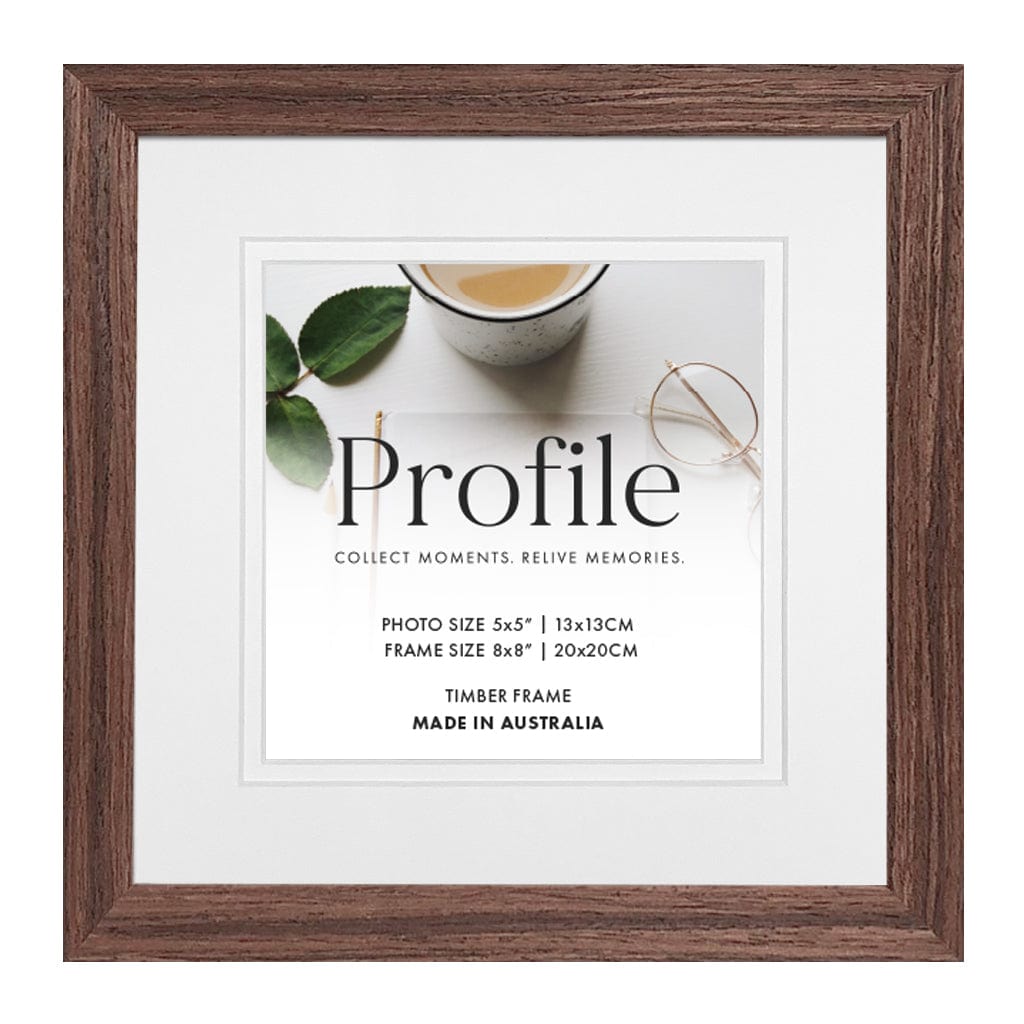 Elegant Deluxe Chestnut Brown Timber Square Frame 8x8in (20x20cm) to suit 5x5in (13x13cm) image from our Australian Made Picture Frames collection by Profile Products Australia