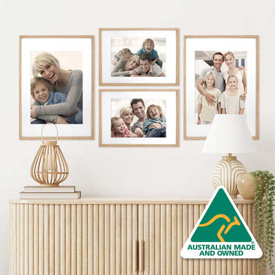 family photo wall in natural oak decorator box frames