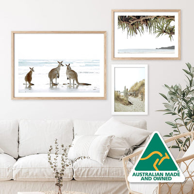 Framed Art Print of Kangaroos on a Beach