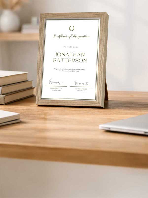 Framed certificate on a wooden desk with books and a laptop in the background