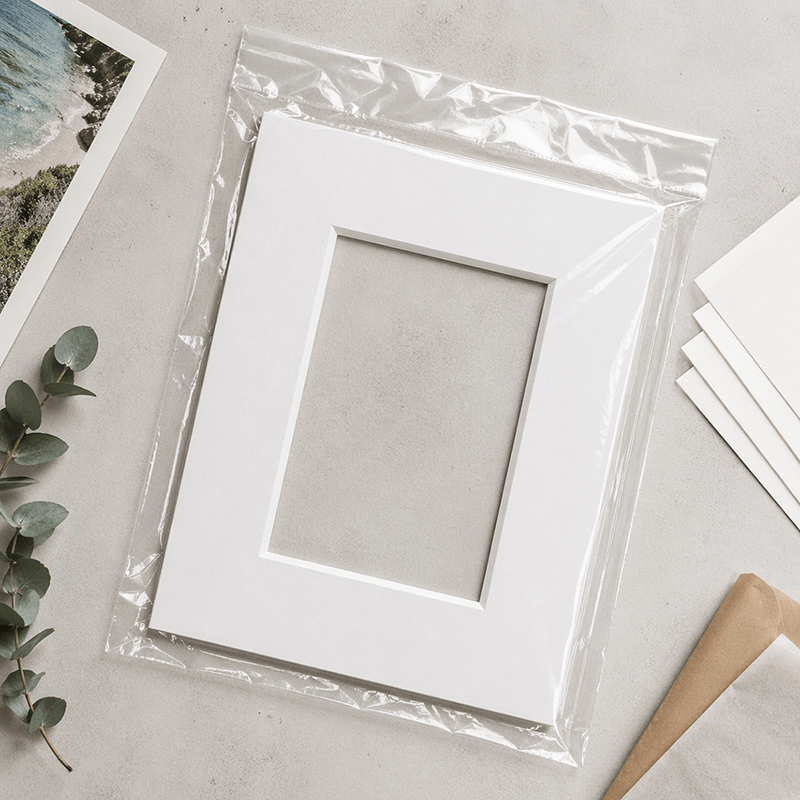 White mat board in clear plastic packaging on a light gray surface with greenery.