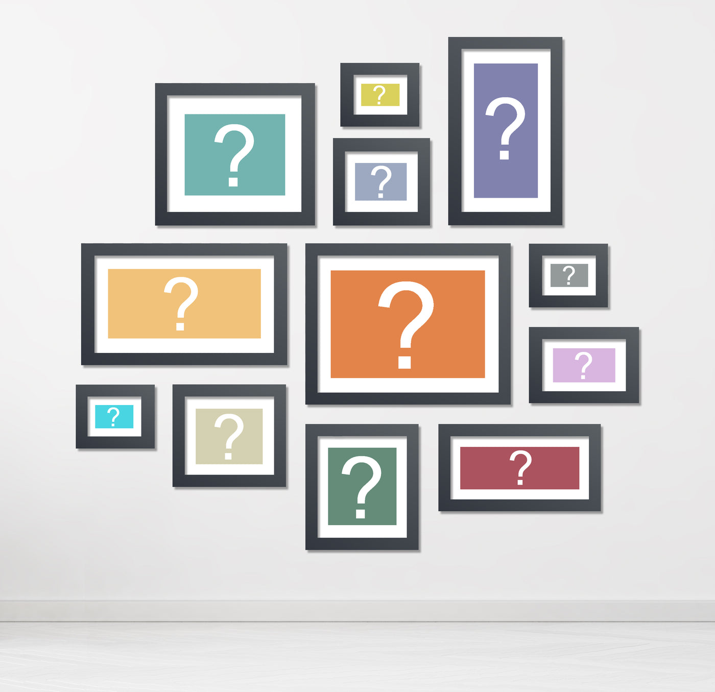 Gallery arrangement of frames on wall with question marks