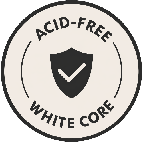 Logo with 'Acid-Free White Core' text and a shield icon on a white background