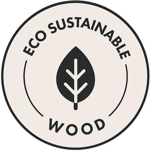 Logo with 'Eco Sustainable Wood' text and a leaf symbol on a white circle.