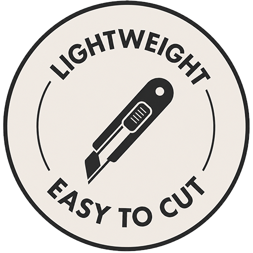 Circular logo with a knife blade icon and text 'Lightweight Easy to Cut' on a white background.