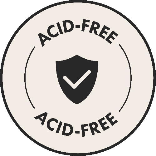 Circular badge with 'ACID-FREE' text and a shield icon on a beige background