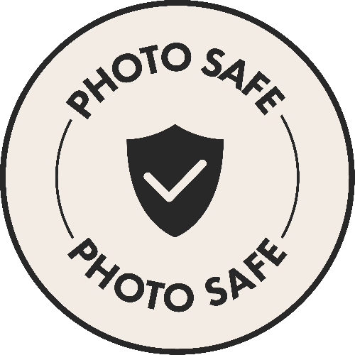 Circular 'Photo Safe' label with a shield icon on a white background