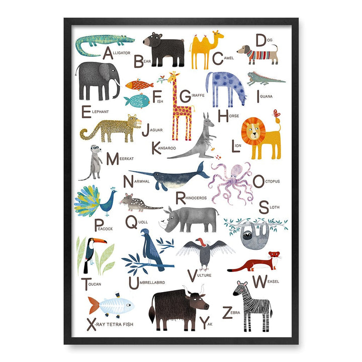 Alphabet Animals  Educational Nursery Wall Art Print A1 (59.4 x 84.1cm) / Matte Black Frame / No Border from our Australian Made Framed Wall Art, Prints & Posters collection by Profile Products (Australia) Pty Ltd