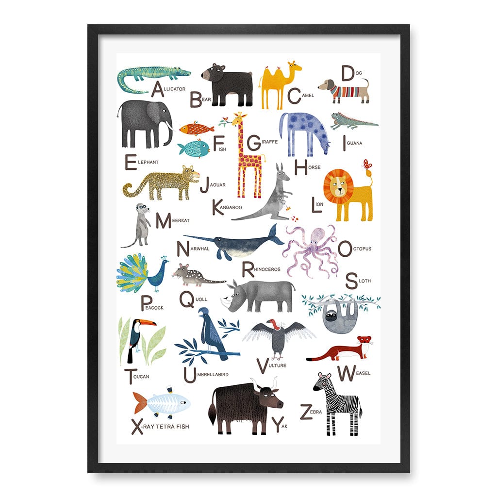 Alphabet Animals  Educational Nursery Wall Art Print A1 (59.4 x 84.1cm) / Matte Black Frame / White Border from our Australian Made Framed Wall Art, Prints & Posters collection by Profile Products (Australia) Pty Ltd