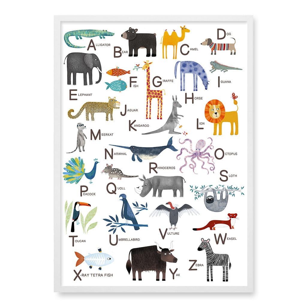 Alphabet Animals  Educational Nursery Wall Art Print A1 (59.4 x 84.1cm) / Matte White Frame / No Border from our Australian Made Framed Wall Art, Prints & Posters collection by Profile Products (Australia) Pty Ltd