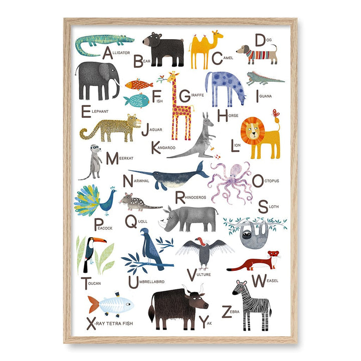 Alphabet Animals  Educational Nursery Wall Art Print A1 (59.4 x 84.1cm) / Natural Oak Frame / No Border from our Australian Made Framed Wall Art, Prints & Posters collection by Profile Products (Australia) Pty Ltd