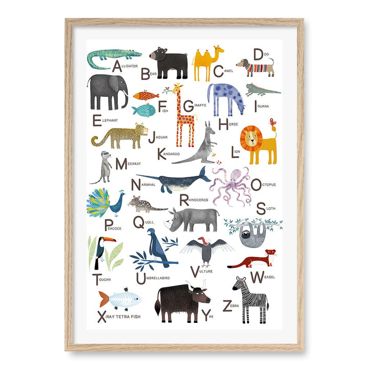 Alphabet Animals  Educational Nursery Wall Art Print A1 (59.4 x 84.1cm) / Natural Oak Frame / White Border from our Australian Made Framed Wall Art, Prints & Posters collection by Profile Products (Australia) Pty Ltd