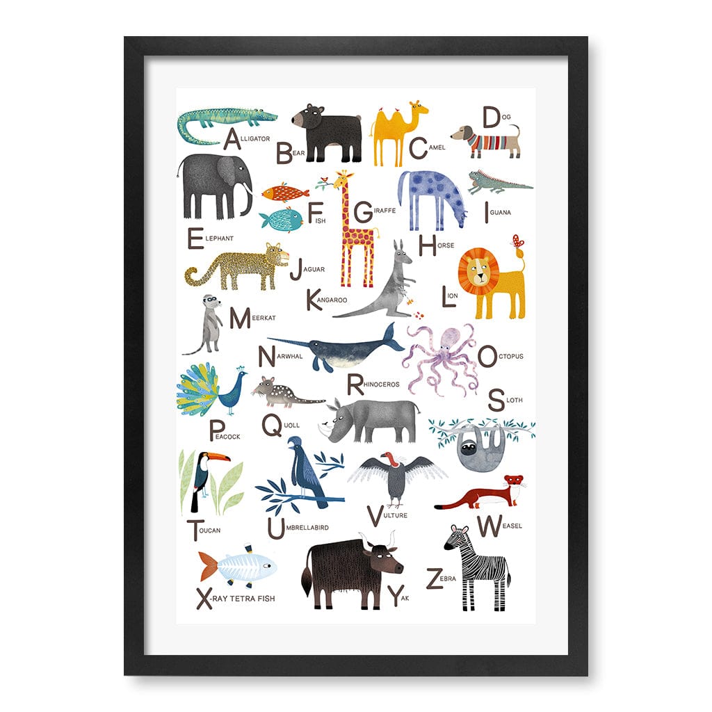 Alphabet Animals  Educational Nursery Wall Art Print A2 (42 x 59.4cm) / Matte Black Frame / White Border from our Australian Made Framed Wall Art, Prints & Posters collection by Profile Products (Australia) Pty Ltd
